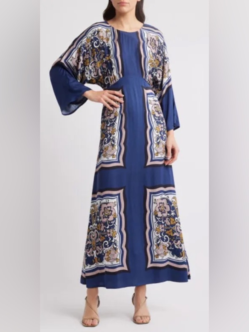 Cleobella Fawn Navy Maxi Dress with Pink and Cream Floral Panels Medium